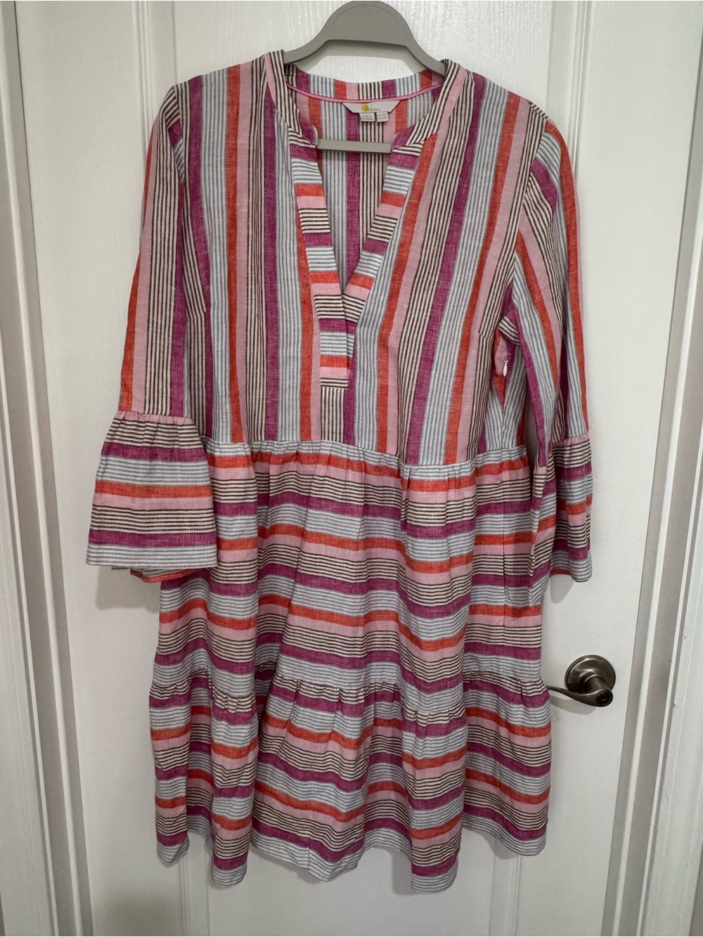 Boden Linen Striped V-Neck Tiered Tunic Dress in Pink & Coral